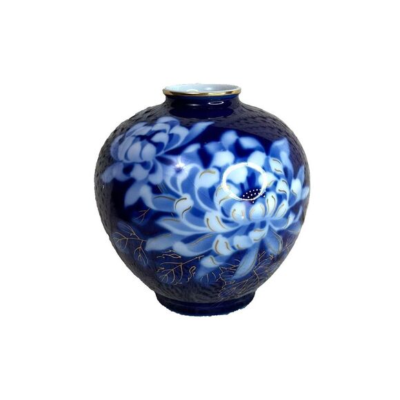 Japanese Arita Ware Fukagawa Seiji Blue White Porcelain Vase w/ Gold Trim Marked - Picture 1 of 7